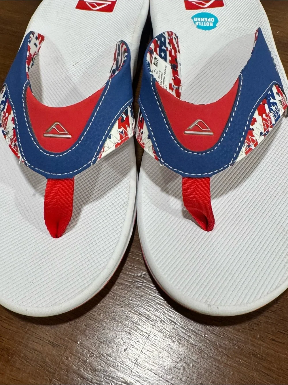 Reef Fanning Flip Flops Mens 10 Patriotic Red White Blue Bottle Opener American